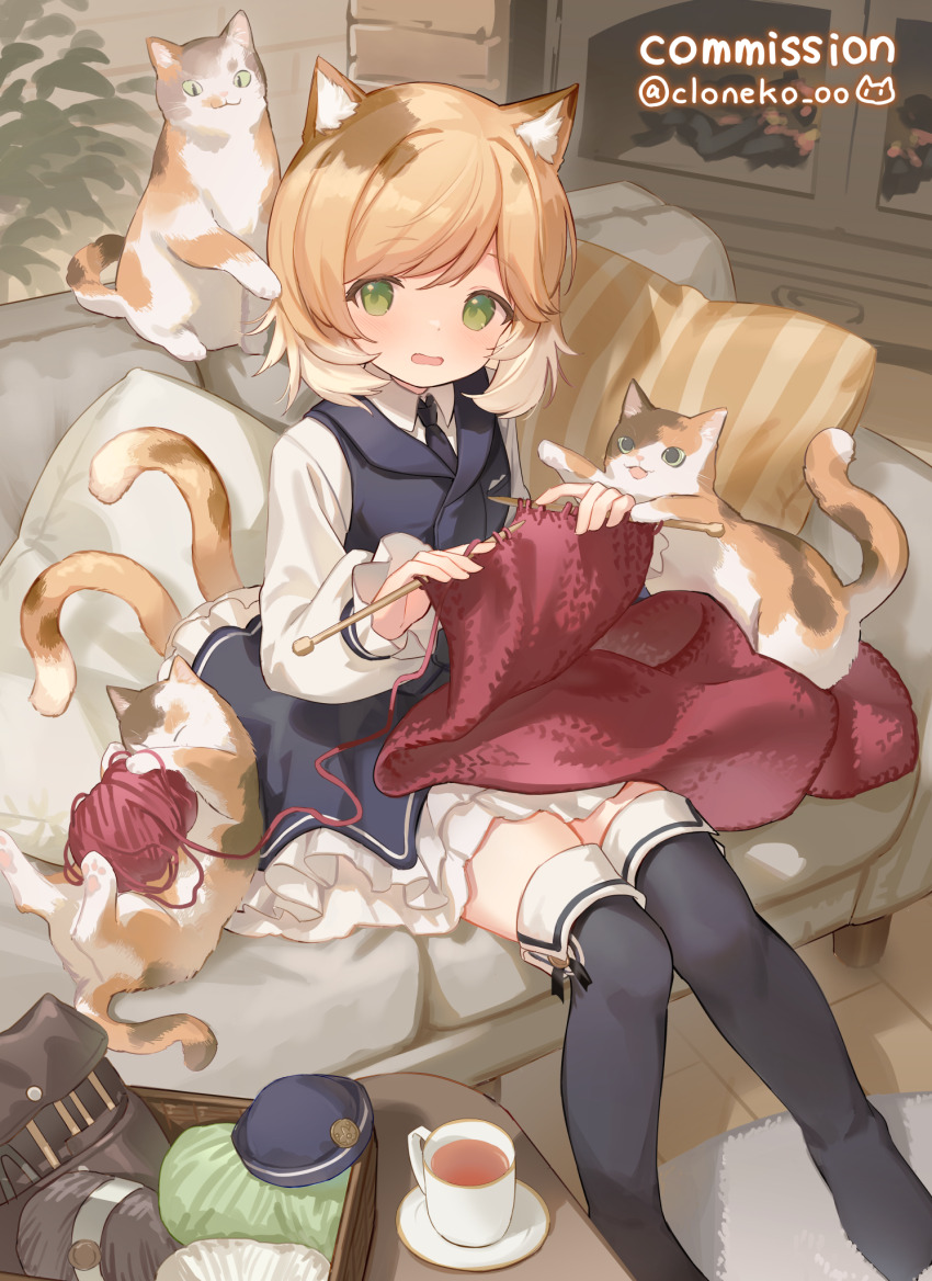 1girl animal_ears arknights cat cat_ears cat_tail cloneko_(zelmeledf2) commission couch cup green_eyes highres mousse_(arknights) multicolored_hair skeb_commission tail thighhighs yarn yarn_ball
