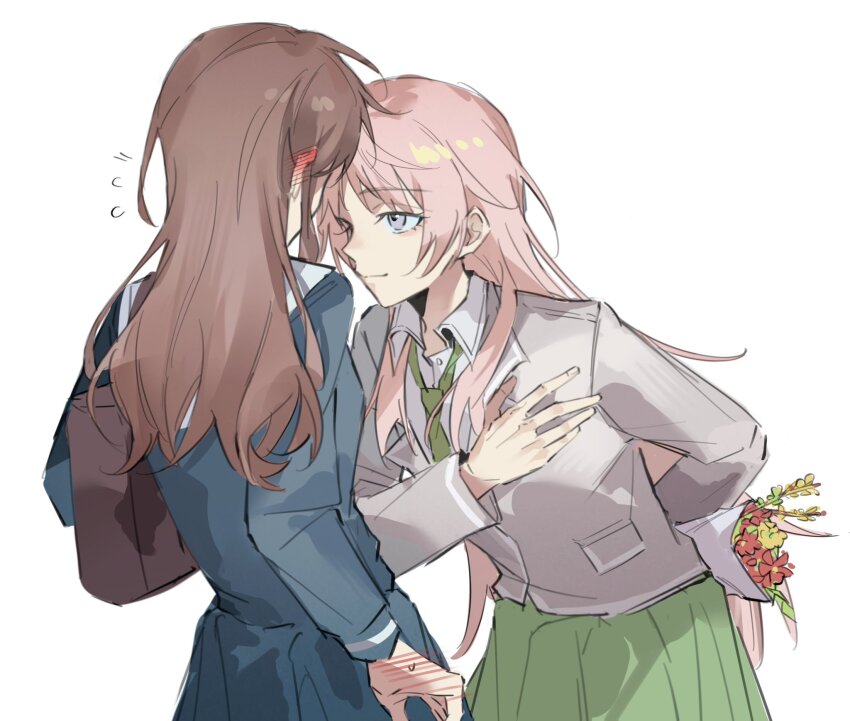 2girls bang_dream! bang_dream!_it&#039;s_mygo!!!!! blue_shirt blue_skirt bouquet brown_background brown_hair chihaya_anon chinese_commentary collared_shirt commentary_request flower green_eyes green_skirt grey_eyes grey_hair hand_blush hand_on_own_chest highres holding holding_bouquet leaning_forward long_hair multiple_girls nagasaki_soyo pink_hair shiba257 shirt sidelocks simple_background skirt white_background white_shirt yuri