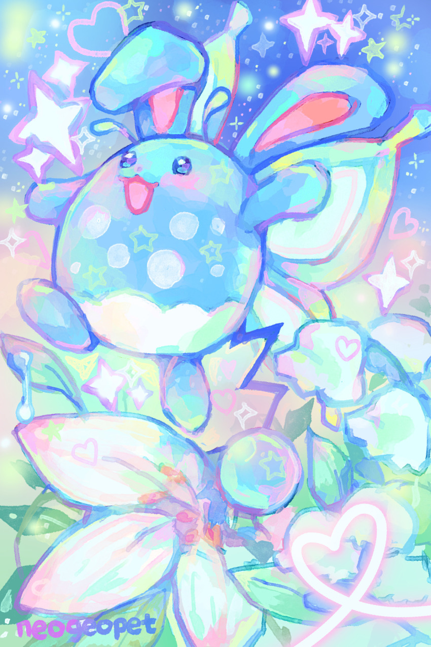 :3 animal_ears animal_focus azumarill colorful commentary english_commentary fairy flower gen_2_pokemon heart highres lily_(flower) neogeopet nintendo no_humans open_mouth orb pokemon pokemon_(creature) pokemon_focus rabbit_ears smile solo sparkle tail yume_kawaii