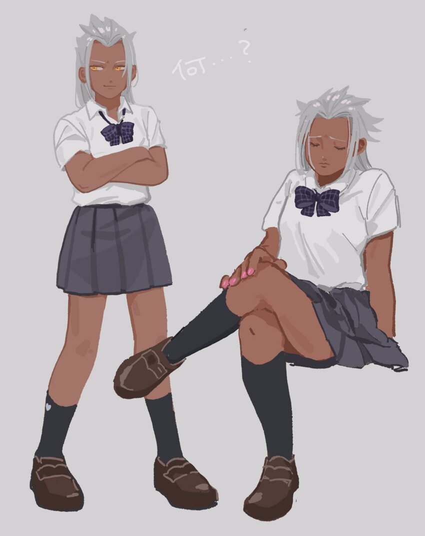 2boys brown_shoes closed_eyes collared_shirt crossdressing crossed_arms crossed_legs dark-skinned_male dark_skin grey_hair highres kingdom_hearts lalalalife15 male_focus medium_hair multiple_boys orange_eyes pink_nails pleated_skirt school_uniform shirt shoes sitting skirt smirk socks standing white_shirt xehanort xemnas