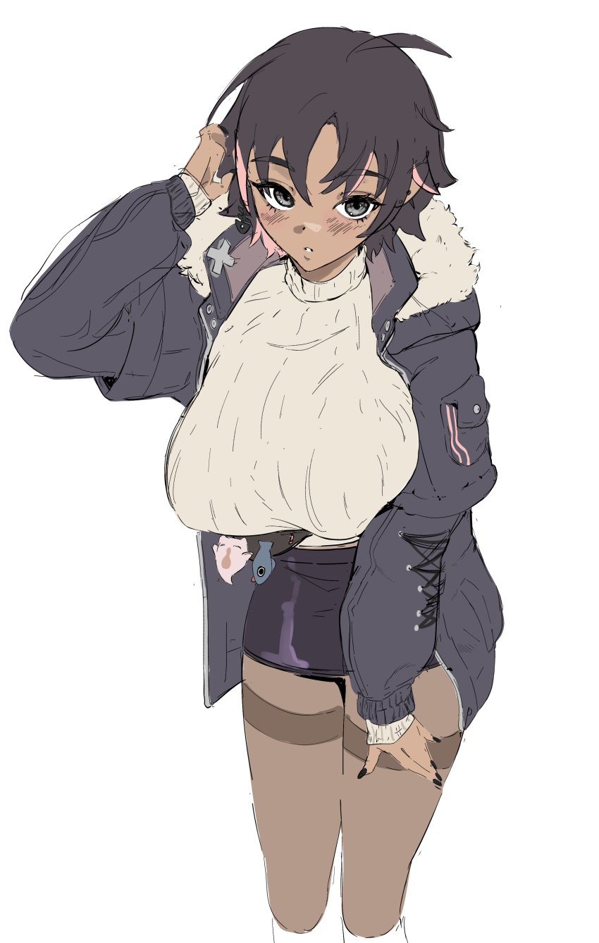 1girl absurdres black_nails black_skirt blush bon_(vtuber) breasts brown_hair cropped_legs dark-skinned_female dark_skin earrings fish_earrings fur-trimmed_jacket fur_trim grey_jacket hair_between_eyes hand_on_own_thigh hashtag-only_commentary highres indie_virtual_youtuber jacket jewelry kuchurage large_breasts leaning_forward long_sleeves looking_at_viewer miniskirt pantyhose parted_lips pencil_skirt pink_hair ribbed_sweater short_hair simple_background single_earring sketch skirt solo sweater thighband_pantyhose tucking_hair unfinished virtual_youtuber white_background