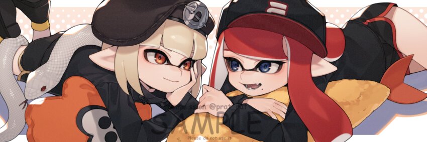 2girls baseball_cap beret black_footwear black_hat black_jacket black_shorts blonde_hair blue_eyes blunt_bangs brown_hat closed_mouth commentary commission dolphin_shorts english_commentary fangs film_grain food hand_on_own_cheek hand_on_own_face hat head_rest highres inkling inkling_girl inkling_player_character jacket legs_up long_hair long_sleeves looking_at_another lying mole mole_under_mouth multiple_girls nintendo on_stomach open_mouth orange_eyes pointy_ears polka_dot polka_dot_background prat_rat red_hair sample_watermark short_hair shorts shrimp shrimp_tempura smile snake splatoon_(series) stuffed_food stuffed_squid tempura tentacle_hair watermark white_snake