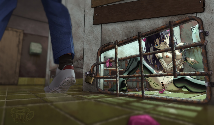 1boy 1girl bdsm black_eyes black_hair black_thighhighs body_writing bondage bound breasts cage cuffs embarrassed fate/stay_night fate_(series) handcuffs indoors latex latex_thighhighs lattetrouble long_hair looking_down measuring nipple_piercing on_floor penis_measuring piercing pink_ribbon restrained ribbon sitting skindentation slave small_breasts solo spread_legs thighhighs tohsaka_rin toilet_stall twintails very_long_hair