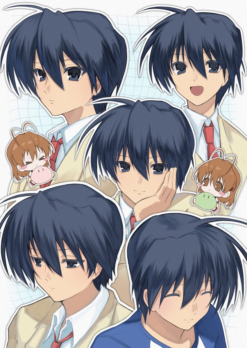 1boy 1girl :d antenna_hair black_eyes black_hair blazer blush_stickers brown_eyes brown_hair clannad closed_eyes closed_mouth dango_daikazoku dress_shirt furukawa_nagisa hair_between_eyes head_rest highres hikarizaka_private_high_school_uniform holding holding_stuffed_toy jacket multiple_boys necktie nemu_(zutto_oyasu3) okazaki_tomoya open_mouth red_necktie school_uniform shirt short_hair smile stuffed_animal stuffed_toy white_shirt yellow_jacket