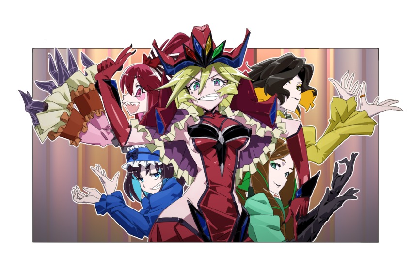 1girl 5girls aged_up akiot black_hair black_lips blonde_hair blue_eyes blue_hair blush blush_stickers bow breasts brown_hair carol_malus_dienheim death_parade dress drill_hair elbow_gloves flyers_(death_parade) garie_tuman gloves green_eyes green_hair grin hair_between_eyes hairband hat leiur_darahim lipstick long_hair long_sleeves makeup micha_jawkan mole mole_under_eye multicolored_hair multiple_girls open_mouth orange_hair pale_skin parody phara_suyuf pointing pointing_up puffy_sleeves red_eyes red_hair senki_zesshou_symphogear sharp_teeth short_hair sideboob smile spoilers teeth twin_drills witch_hat yellow_eyes yellow_theme