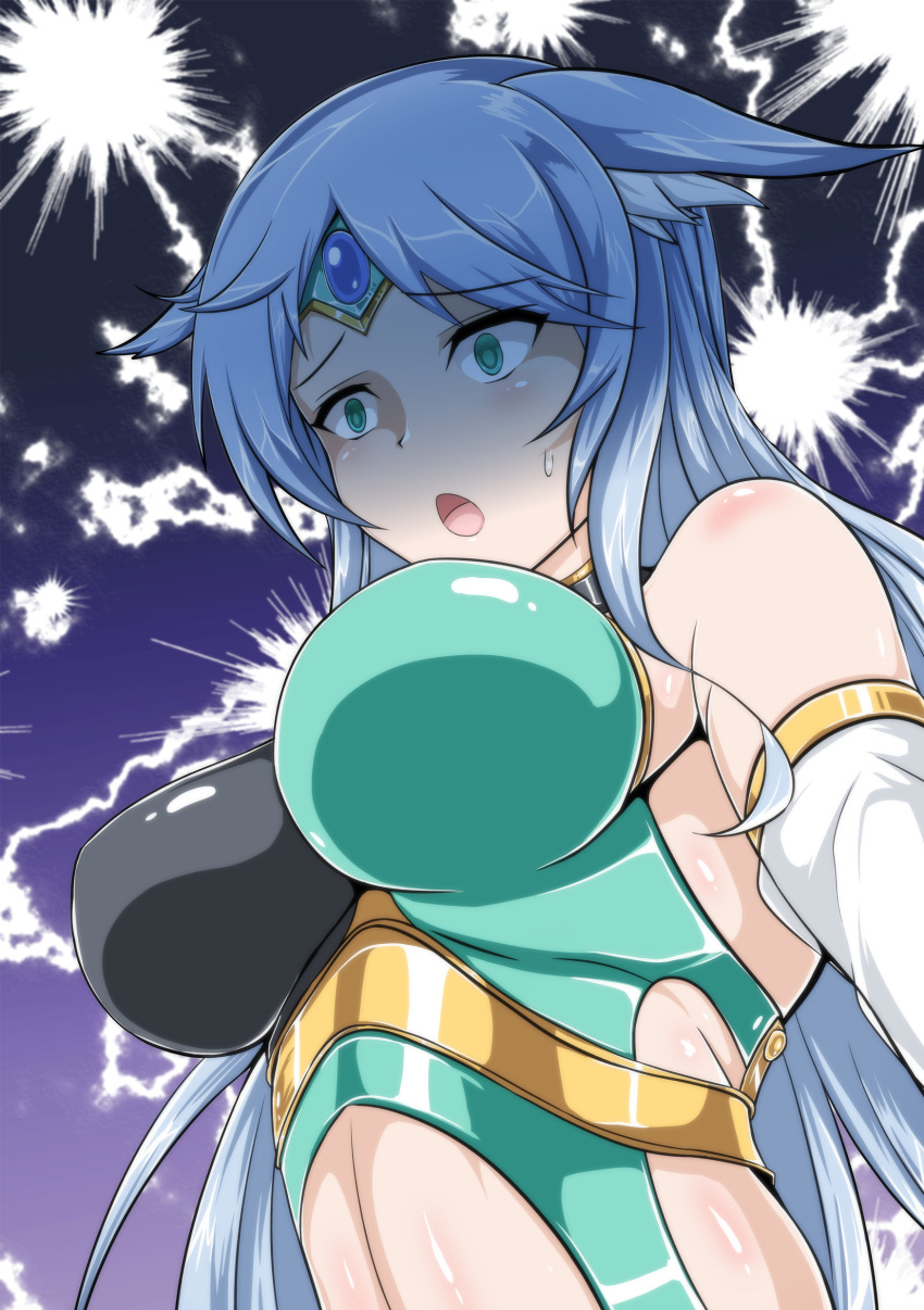1girl absurdres animal_ear_fluff animal_ears apollousa_bow_of_the_goddess blue_hair breasts duel_monster gloves green_eyes highres large_breasts long_hair midriff navel sangyou_haikibutsu_a shaded_face solo very_long_hair yu-gi-oh!