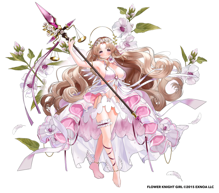 1girl absurdres armpits bare_arms barefoot bow brown_hair burodoaoi_(flower_knight_girl) colored_eyelashes curly_hair flower flower_knight_girl frilled_thigh_strap frills hair_flower hair_ornament highres holding holding_staff jewelry long_hair mismatched_eyelashes name_connection object_namesake official_art parted_bangs pink_eyes pomu_(pomu_me) ribbon scales simple_background solo staff thigh_strap thighlet toes very_long_hair white_background white_bow white_ribbon