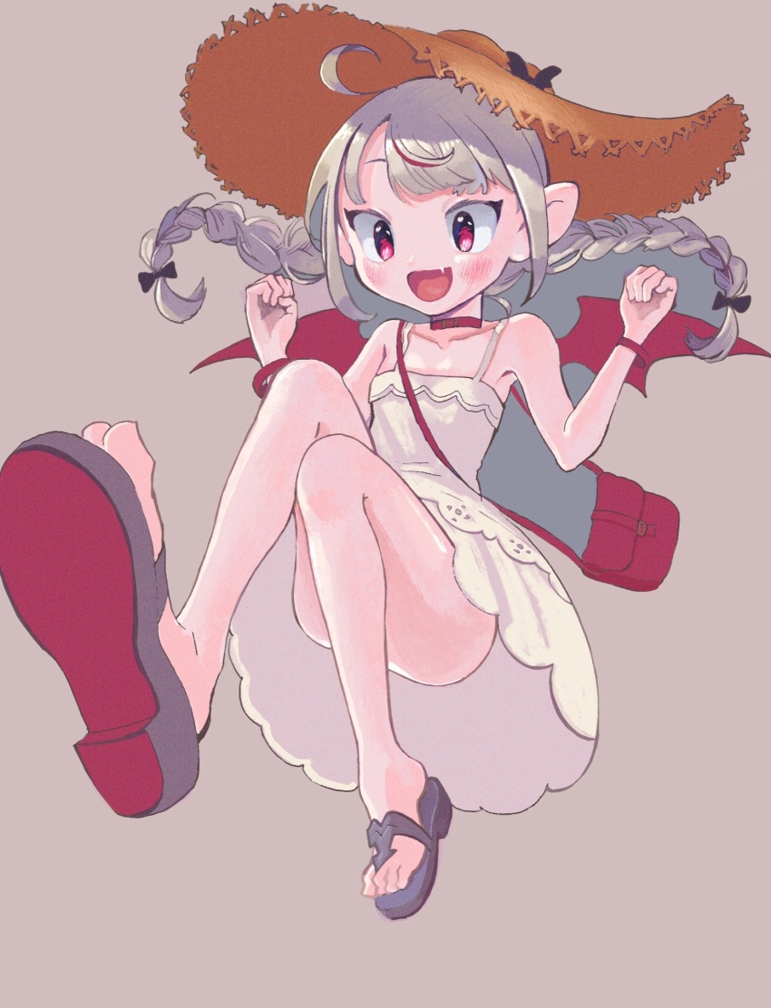 1girl bag bare_shoulders belt_collar black_bow black_ribbon blunt_bangs blush bow bracelet braid clenched_hands collar collarbone convenient_leg demon_wings dress fang floating full_body grey_background grey_hair hair_ribbon handbag hands_up hat hat_bow highres jewelry knees_together_feet_apart knees_up lace_trim long_hair low_twin_braids makaino_ririmu makaino_ririmu_(3rd_costume) multicolored_hair nijisanji no_socks open_mouth pointy_ears red_bag red_collar red_eyes red_streaks red_wings ribbon sandals shoulder_bag sidelocks simple_background skin_fang sleeveless sleeveless_dress smile solo strap_slip straw_hat streaked_hair sundress torimy_v twin_braids two-tone_hair virtual_youtuber w_arms white_dress wings