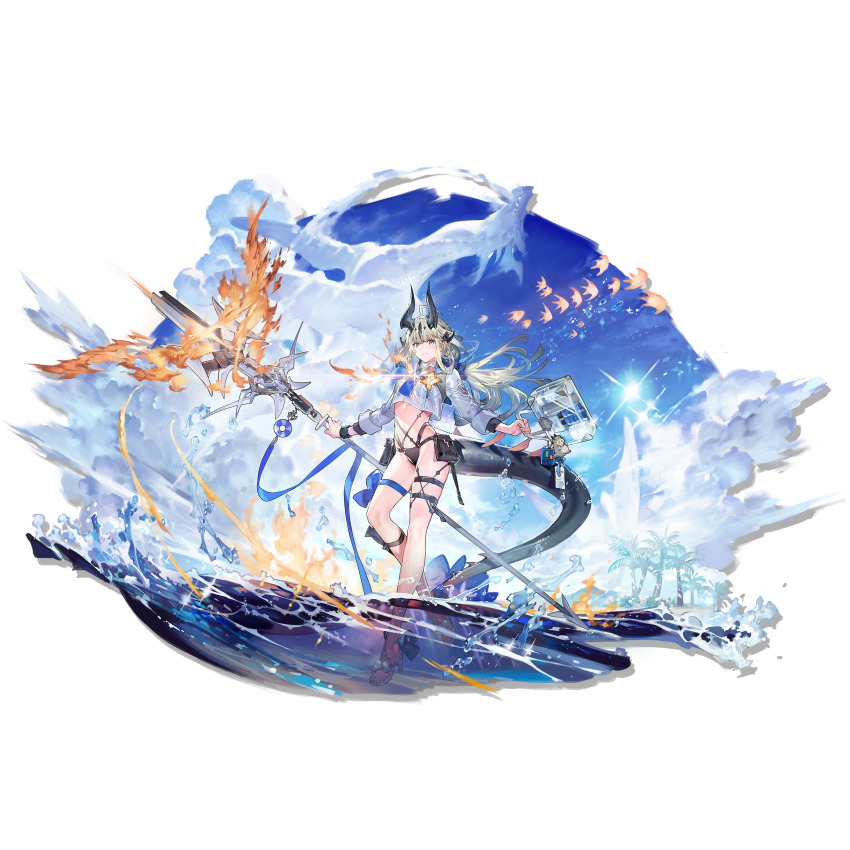 1girl :| absurdres arknights ascot bag bag_charm bar_soap belt bikini black_bikini black_horns black_tail blue_ascot blue_bow blue_ribbon blue_sky bottle bow bracelet charm_(object) closed_mouth cloud cropped_shirt dot_nose dragon_girl dragon_tail fire flame-tipped_tail flower footwear_bow full_body game_boy game_cg glint grey_eyes grey_hair hair_bow handheld_game_console highres holding holding_bag holding_staff horns infection_monitor_(arknights) jewelry long_hair long_sleeves looking_at_viewer multiple_horns navel necktie non-web_source official_alternate_costume official_art orange_flower palm_tree reed_(arknights) reed_the_flame_shadow_(arknights) reed_the_flame_shadow_(summer_flower)_(arknights) ribbon see-through_clothes see-through_shirt shirt sky soap solo square-end_necktie staff standing starshadowmagician strappy_heels swimsuit tail thermos thigh_belt thigh_bow thigh_strap toilet_paper transparent_background transparent_bag tree tropical_fish water water_drop waves wispy_bangs