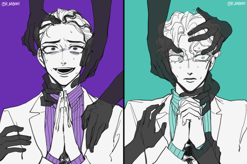2boys aqua_shirt commentary_request diamond_wa_kudakenai dual_persona formal_clothes frown hair_slicked_back jojo_no_kimyou_na_bouken kawajiri_kosaku kira_yoshikage limited_palette male_focus multiple_boys necktie nervous_smile nervous_sweating open_mouth own_hands_clasped own_hands_together purple_shirt sempon_(doppio_note) shirt smile suit sweat twitter_username