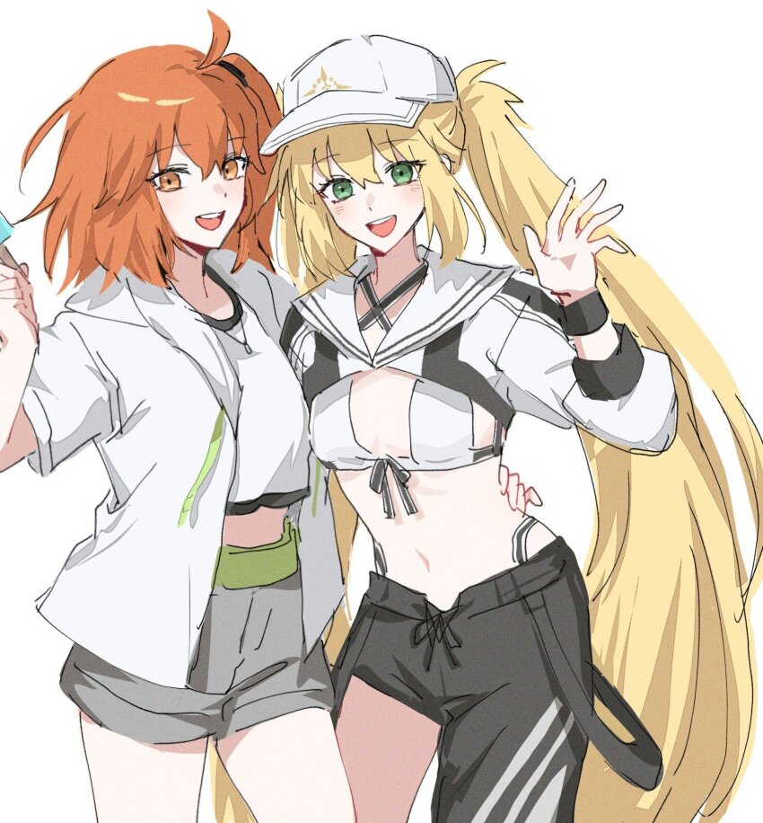 2girls ahoge artoria_caster_(fate) artoria_caster_(swimsuit_berserker)_(fate) artoria_caster_(swimsuit_berserker)_(first_ascension)_(fate) artoria_pendragon_(fate) asymmetrical_pants baseball_cap black_pants blonde_hair crop_top cropped_shirt fate/grand_order fate_(series) fujimaru_ritsuka_(female) fujimaru_ritsuka_(female)_(summer_street) green_eyes grey_shorts hair_between_eyes hat highres hood hoodie long_hair looking_at_viewer multiple_girls navel nekwnek open_clothes open_hoodie open_mouth orange_eyes pants print_hat red_hair shirt shorts simple_background smile standing teeth twintails upper_teeth_only very_long_hair waving white_background white_hat white_shirt
