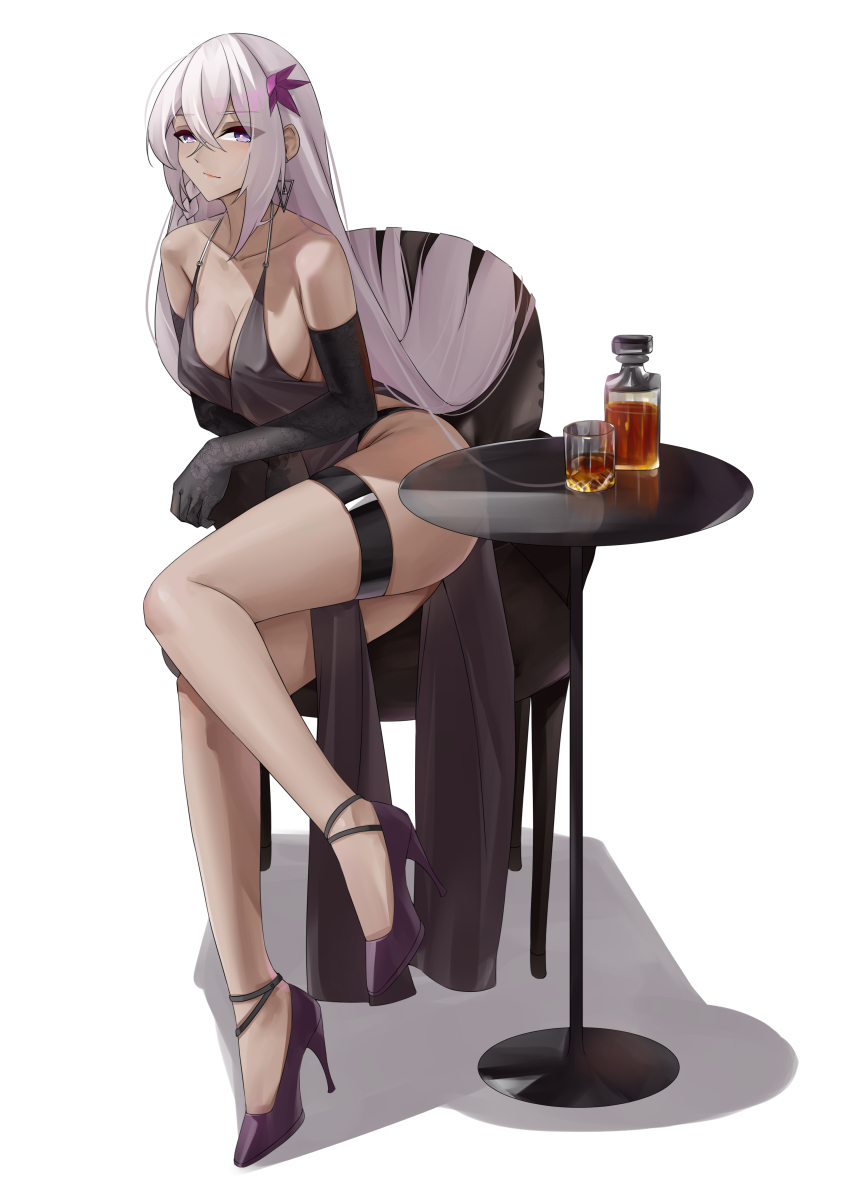 1girl absurdres alcohol alternate_costume black_dress black_gloves breasts casperrin chair dark-skinned_female dark_skin dress elbow_gloves girls&#039;_frontline girls&#039;_frontline_2:_exilium gloves grey_hair highres liquor nemesis_(girls&#039;_frontline_2) purple_eyes solo