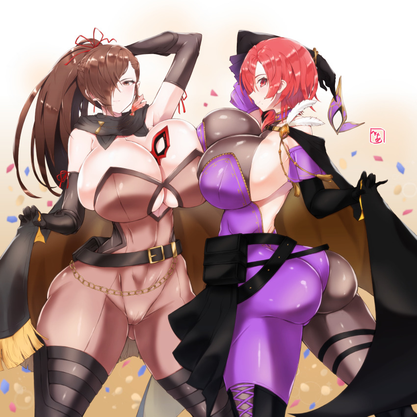 2girls ass asymmetrical_docking asymmetrical_legwear back backless_outfit bare_shoulders bea_(bropmlk) belt belt_pouch black_belt black_gloves black_thighhighs bodystocking bodysuit boots bracelet breast_press breasts brown_eyes brown_hair cameltoe cape chain cleavage commission covered_navel cowboy_shot crystal_earrings detached_sleeves domino_mask earrings elbow_gloves eye_mask feathers fire_emblem fire_emblem:_the_blazing_blade fire_emblem_fates fire_emblem_heroes gloves gold_chain hair_over_one_eye half_mask highres holding holding_unworn_cape holding_unworn_clothes huge_ass huge_breasts jewelry kagero_(fire_emblem) kagero_(thief)_(fire_emblem) leather_strap leila_(fire_emblem) leila_(thief)_(fire_emblem) long_hair looking_at_viewer mask mature_female mole mole_under_mouth multiple_belts multiple_girls nintendo official_alternate_costume pantyhose parted_bangs phantom_thief ponytail pouch purple_bodysuit red_eyes red_hair scarf short_hair sideboob simple_background skeb_commission skin_tight skindentation smile tassel thief thigh_boots thighhighs two-tone_cape underboob undersized_clothes unworn_cape yellow_cape