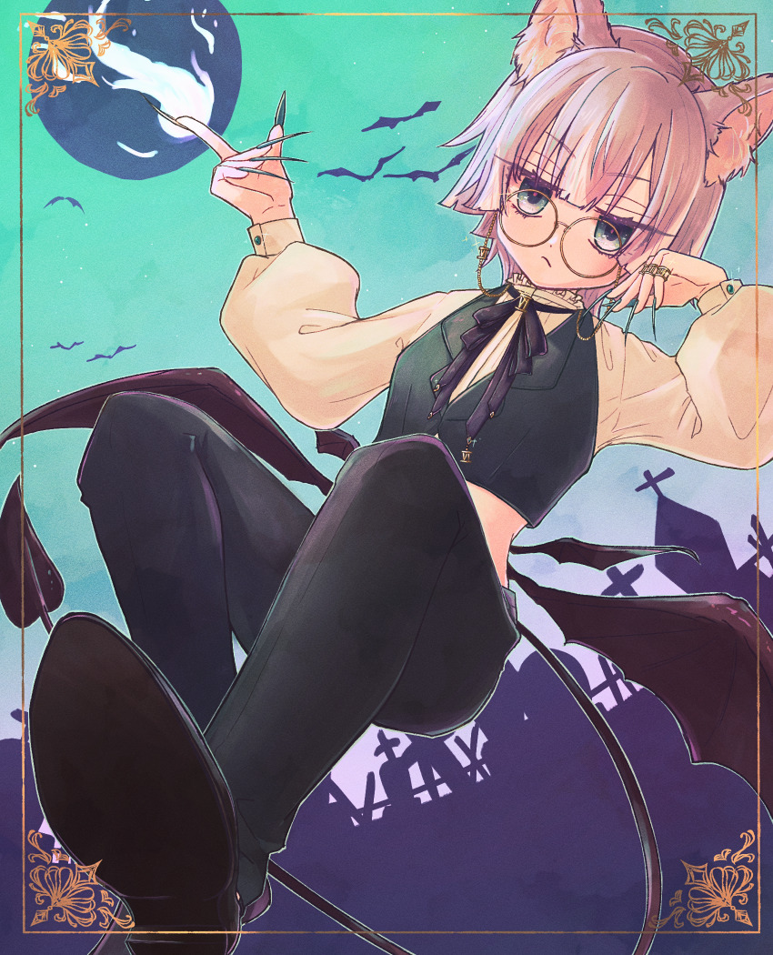 animal_ears bat_wings black_pants black_vest blue_nails brooch cat_ears demon_tail eyewear_strap fingernails fire flat_chest full_moon graveyard green_eyes grey_hair hifumi_suu highres jewelry kimi_no_koto_ga_dai_dai_dai_dai_daisuki_na_100-nin_no_kanojo long_sleeves low_wings medium_hair midriff moon multiple_wings neck_ribbon oknomyk pants puffy_long_sleeves puffy_sleeves ribbon ring round_eyewear sharp_fingernails shirt shoe_soles simple_bat tail vest white_shirt wings
