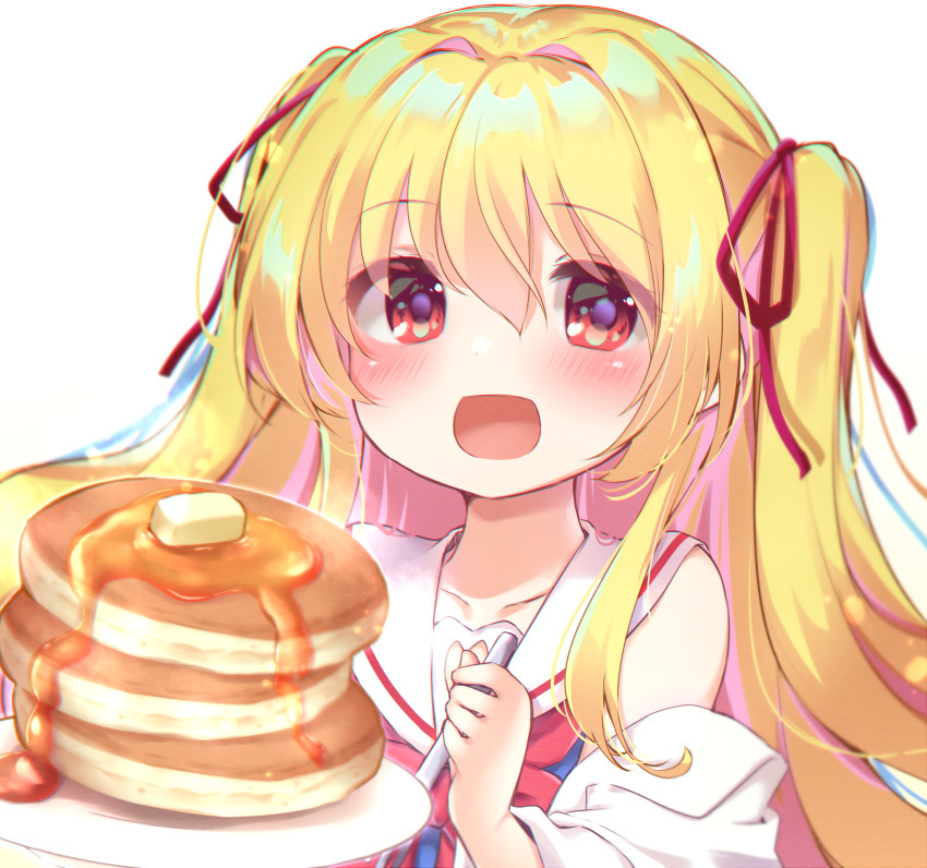 1girl 2021 :d absurdres bare_shoulders blonde_hair blue_shirt blush bow commentary_request dated_commentary eyes_visible_through_hair food gattengou hair_between_eyes hair_intakes hair_ribbon hand_up happy highres irotoridori_no_sekai long_hair looking_at_food nikaidou_shinku open_mouth pancake pancake_stack red_bow red_eyes red_ribbon ribbon sailor_collar school_uniform serafuku shirt sidelocks simple_background sleeveless sleeveless_shirt smile solo tareme two_side_up upper_body white_background white_sailor_collar