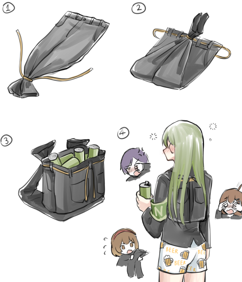 2boys 2girls anger_vein armband beer_can beer_print black_jacket borderless_panels can covering_own_eyes drink_can drunk embarrassed green_armband green_hair highres hod_(project_moon) holding_pants how_to jacket lobotomy_corporation long_hair male_underwear malkuth_(project_moon) meme multiple_boys multiple_girls netzach_(project_moon) ori_oriio pants pants_backpack_(meme) peeking_through_fingers print_male_underwear project_moon simple_background suit_jacket underwear unworn_pants white_background white_male_underwear