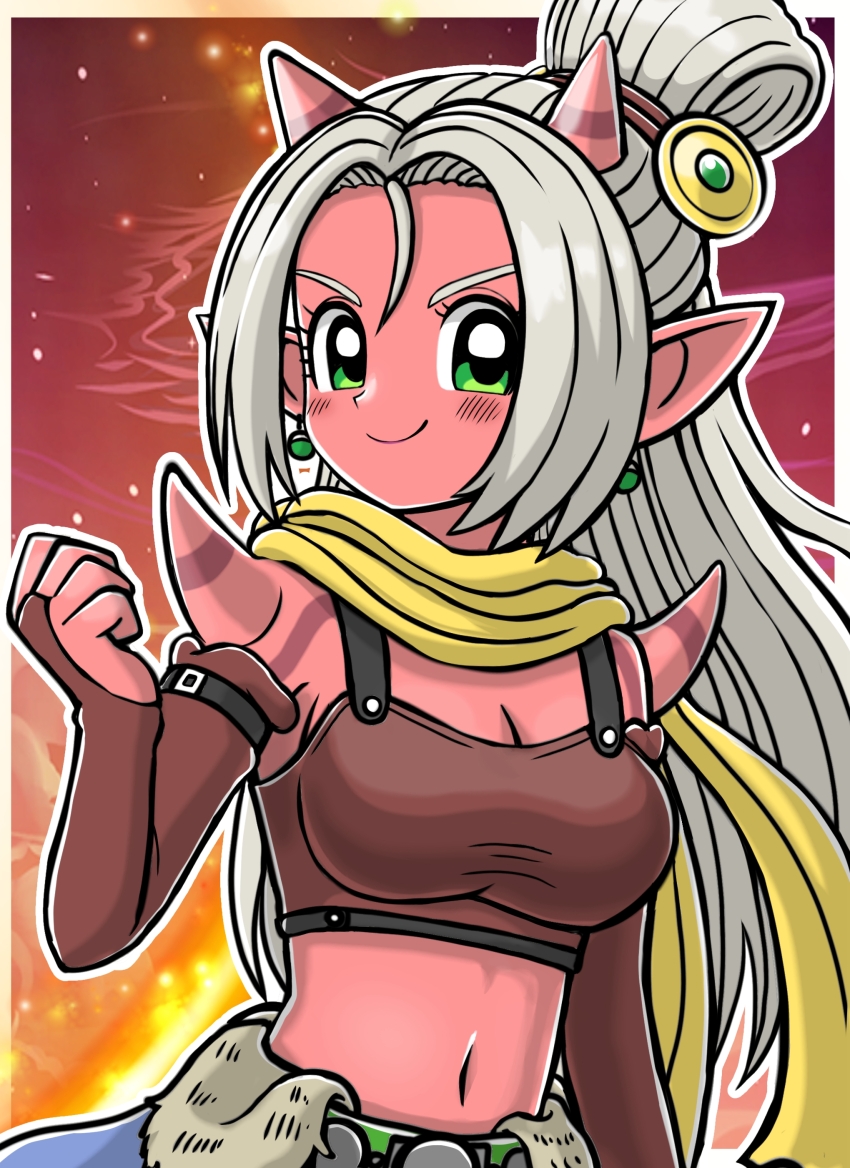 1girl absurdres belt border breasts brown_bridal_gauntlets brown_sports_bra cleavage closed_mouth colored_skin commentary_request dragon_quest dragon_quest_x earrings floating_scarf green_belt green_eyes hair_ornament highres horns jewelry large_breasts long_hair looking_at_viewer maiyu_(dq10) midriff moyapippi navel ogre_(dq10) parted_bangs pointy_ears red_skin scarf shoulder_spikes sideboob smile solo sphere_earrings spikes sports_bra updo upper_body white_border white_hair yellow_scarf