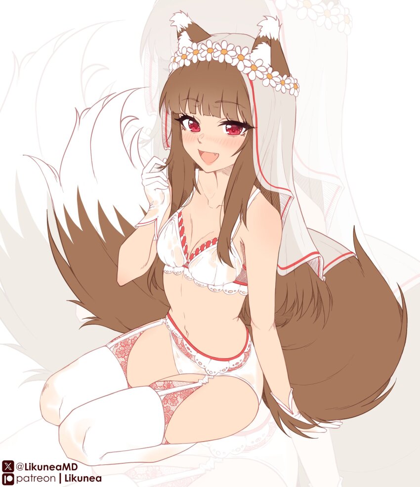 1girl absurdres animal_ear_fluff animal_ears arm_support blush bra breasts brown_hair commentary daisy_(flower) english_commentary fang flower flower_wreath garter_belt gloves hand_up head_wreath highres holo large_breasts large_tail likunea lingerie long_hair looking_at_viewer navel open_mouth panties patreon_logo patreon_username red_eyes seiza sitting smile spice_and_wolf tail thighhighs twitter_username twitter_x_logo underwear underwear_only veil very_long_hair white_bra white_flower white_garter_belt white_gloves white_panties white_thighhighs wolf_ears wolf_girl wolf_tail zoom_layer