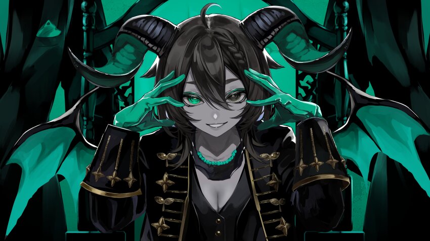 1girl absurdres ahoge black_jacket black_shirt braid breasts brown_hair cleavage colored_teeth commentary_request commission cross-shaped_pupils demon_horns demon_lord_(vocaloid) demon_wings evil_grin evil_smile eyeshadow fingers_to_head gloves gold_trim green_eyes green_eyeshadow green_gloves green_horns green_teeth green_wings grin hair_flaps hands_up heterochromia highres horns indie_virtual_youtuber jacket jawbone looking_at_viewer makeup medium_breasts medium_hair meica_(vtuber) mismatched_pupils partially_colored phzimi000 shirt single_braid smile solo sprout-shaped_pupils symbol-shaped_pupils throne virtual_youtuber wings