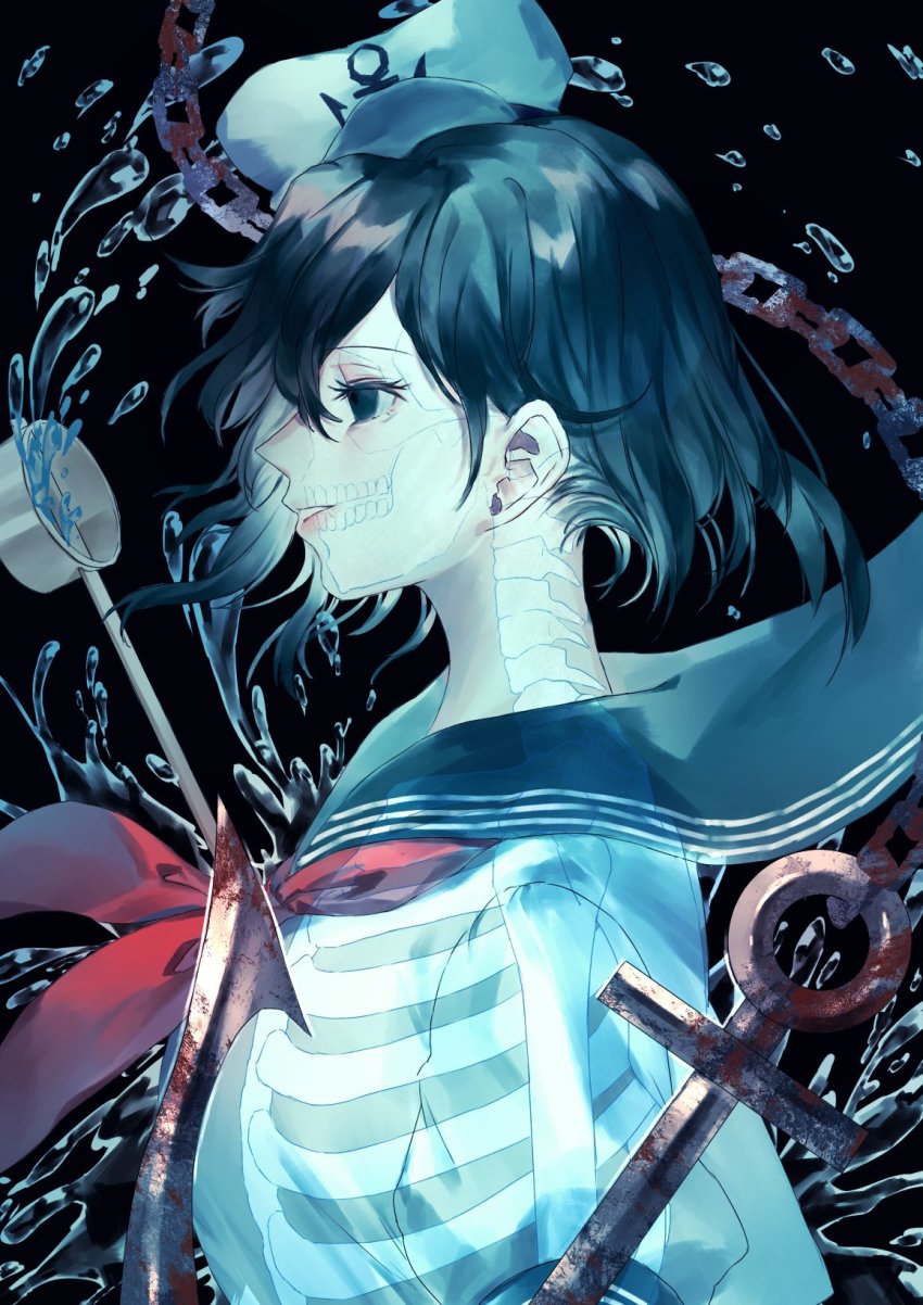 1girl ama_asagi anchor anchor_symbol black_background black_hair blue_eyes chain empty_eyes female_focus from_side ghost hat highres hishaku looking_to_the_side medium_hair murasa_minamitsu peaked_cap rust sailor_hat see-through_body see-through_clothes skeleton solo touhou water x-ray
