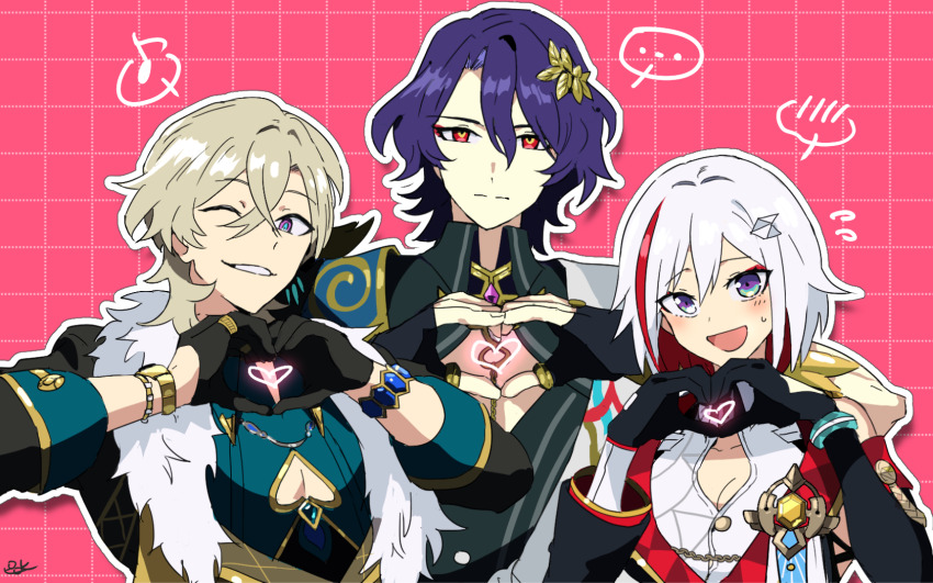 ... 1girl 2boys aventurine_(honkai:_star_rail) black_gloves black_jacket blonde_hair blue_eyes blush bracelet breasts cleavage cleavage_cutout clothing_cutout colored_inner_hair commentary_request crossed_bangs dr._ratio_(honkai:_star_rail) embarrassed expressionless fingerless_gloves fur-trimmed_jacket fur_trim gloves gold_trim green_shirt grid_background grin hair_ornament hands_up head_tilt heart heart_hands highres honkai:_star_rail honkai_(series) jacket jewelry laurel_crown looking_at_viewer multicolored_eyes multicolored_hair multiple_boys multiple_bracelets musical_note off_shoulder one_eye_closed open_mouth pectoral_cleavage pectorals pink_background pink_eyes pirohi_(pirohi214) purple_hair red_eyes red_hair shirt short_hair signature smile spoken_blush spoken_ellipsis spoken_musical_note topaz_(honkai:_star_rail) two-tone_eyes upper_body white_hair white_shirt