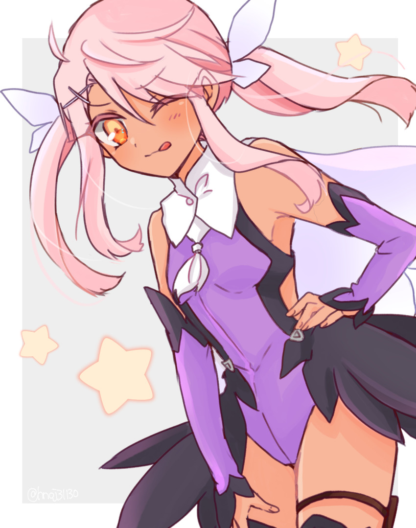 1girl ;q backless_leotard bare_shoulders black_skirt border cape chloe_von_einzbern cosplay cowboy_shot fate/kaleid_liner_prisma_illya fate_(series) fingernails grey_background hand_on_own_hip hand_on_own_thigh highres leaning_forward leotard miyu_edelfelt miyu_edelfelt_(cosplay) miyu_edelfelt_(magical_girl) one_eye_closed outside_border pink_hair purple_leotard purple_sleeves saihara showgirl_skirt skirt smile solo star_(symbol) thighhighs tongue tongue_out white_border white_cape yellow_eyes