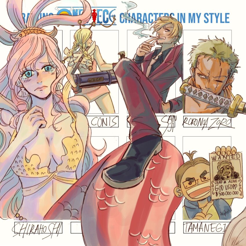 2girls 3boys antenna_hair avaxxah back bikini black_shoes blonde_hair blue_eyes braided_twintails brown_hair character_name cigarette commentary conis_(one_piece) curly_eyebrows dress earrings english_commentary facial_hair fish_hair_ornament glasses gloves goatee green_hair hair_ornament hand_in_pocket highres holding holding_cigarette jewelry mermaid monster_girl multiple_boys multiple_drawing_challenge multiple_girls necktie one_piece pink_dress pink_hair roronoa_zoro sanji_(one_piece) scar scar_on_face shell shell_earrings shirahoshi shoes short_dress short_eyebrows short_hair sidelocks smile swimsuit tamanegi_(one_piece) tears usopp wanted_poster weapon_in_mouth white_necktie white_wings wings yellow_bikini