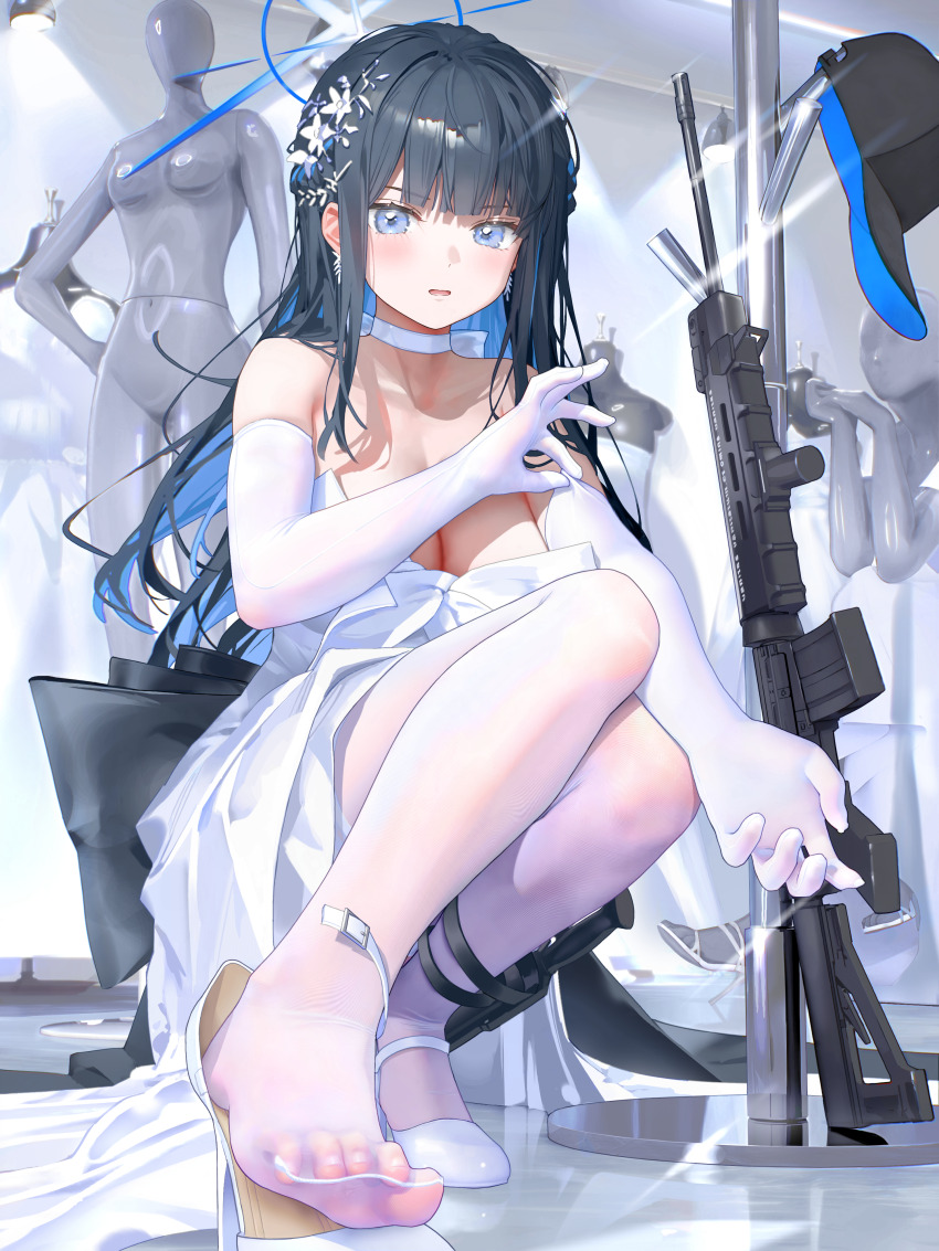 1girl absurdres assault_rifle bare_shoulders baseball_cap black_hair blue_archive blue_eyes blue_hair blue_halo blush breasts choker cleavage colored_inner_hair commentary dress elbow_gloves english_commentary garter_straps gloves gun halo hat highres knife_sheath large_breasts lawsky long_hair looking_at_viewer mannequin multicolored_hair official_alternate_costume open_mouth pantyhose rifle saori_(blue_archive) saori_(dress)_(blue_archive) sheath sig_sauer soles solo strapless strapless_dress thigh_sheath weapon white_choker white_dress white_garter_straps white_gloves white_pantyhose