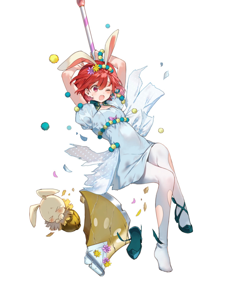 1girl animal_ears arms_up artist_request axe blue_dress blue_shoes blush dress fake_animal_ears fire_emblem fire_emblem:_mystery_of_the_emblem fire_emblem_heroes full_body hair_between_eyes highres holding holding_axe holding_weapon maria_(fire_emblem) maria_(spring)_(fire_emblem) nintendo non-web_source one_eye_closed open_mouth pantyhose puffy_short_sleeves puffy_sleeves rabbit_ears red_eyes red_hair shoes short_hair short_sleeves solo transparent_background weapon white_pantyhose
