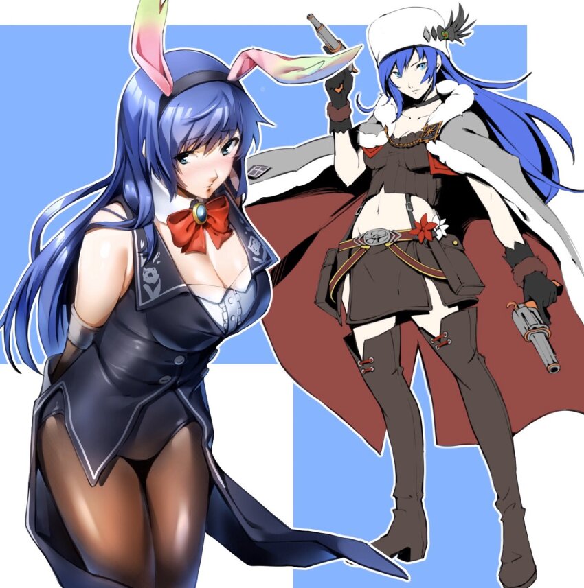 1girl animal_ears bare_shoulders black_hairband black_leotard blue_hair blush bow bowtie breasts buttons cleavage closed_mouth detached_collar detached_sleeves fake_animal_ears green_eyes gun hairband hand_up handgun highres holding holding_gun holding_weapon leotard long_hair looking_at_viewer maria_traydor nakano_maru navel pantyhose playboy_bunny rabbit_ears revolver skirt solo star_ocean star_ocean_anamnesis star_ocean_till_the_end_of_time thighhighs vest weapon