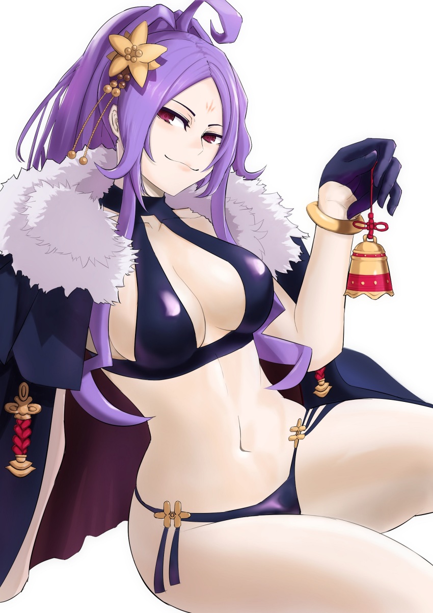 1girl ahoge bare_shoulders bell bikini bikini_under_clothes black_bikini black_cape black_gloves breasts cape cleavage collarbone facial_mark fate/grand_order fate_(series) flower forehead forehead_mark fur-trimmed_cape fur_trim gloves hair_flower hair_ornament half_gloves highres kugiseiichi large_breasts long_hair looking_at_viewer navel parted_bangs ponytail purple_eyes purple_hair sidelocks smile solo swimsuit thighs very_long_hair wu_zetian_(fate) wu_zetian_(swimsuit_caster)_(fate) wu_zetian_(swimsuit_caster)_(third_ascension)_(fate)