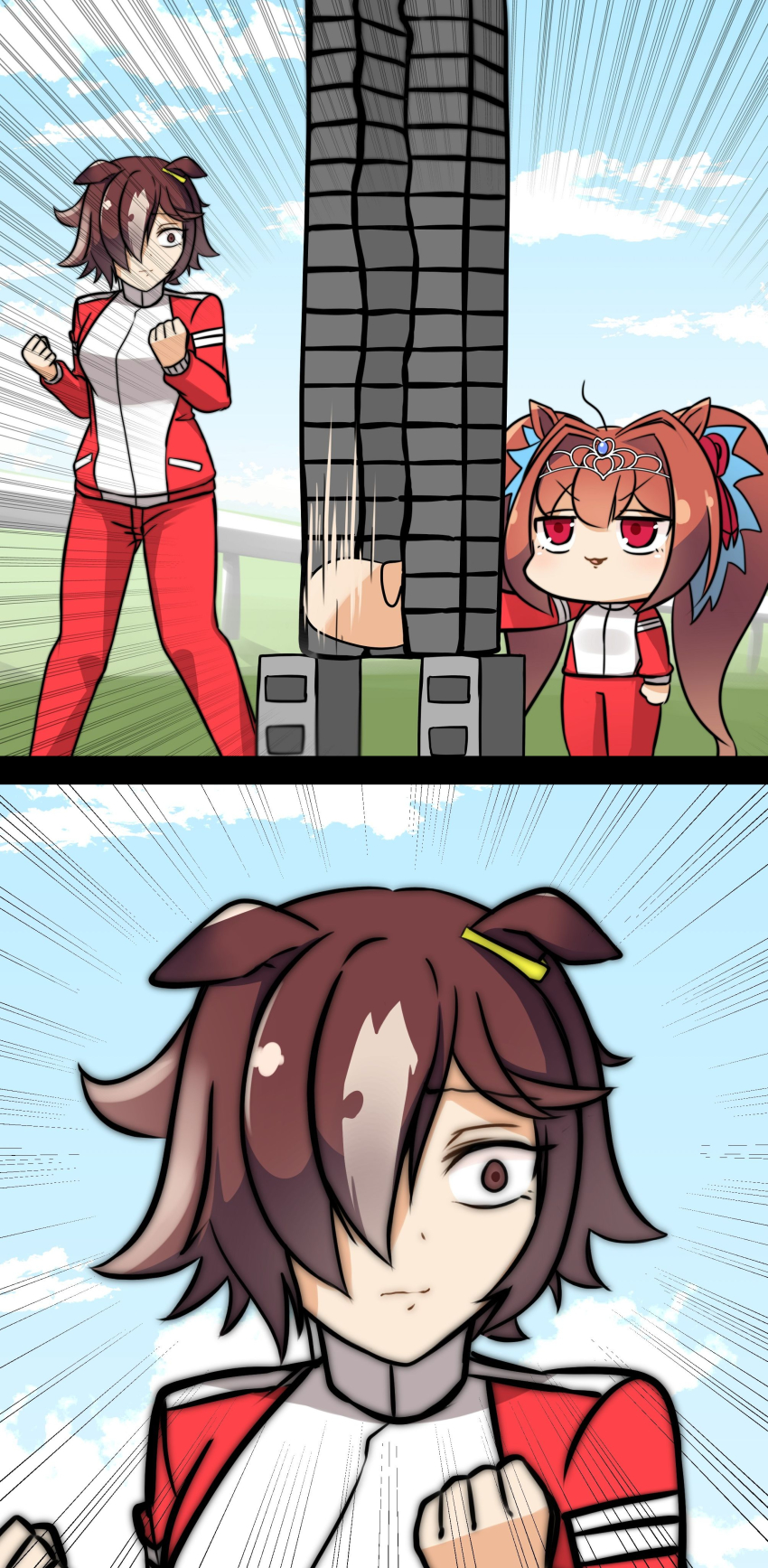 2girls absurdres animal_ears brick chibi clenched_hands commentary_request daiwa_scarlet_(umamusume) hair_intakes hair_over_one_eye haizen_(8izn) highres horse_ears horse_girl jacket long_hair multiple_girls pants red_eyes short_hair sky the_hand_(stand) track_jacket training umamusume vodka_(umamusume)