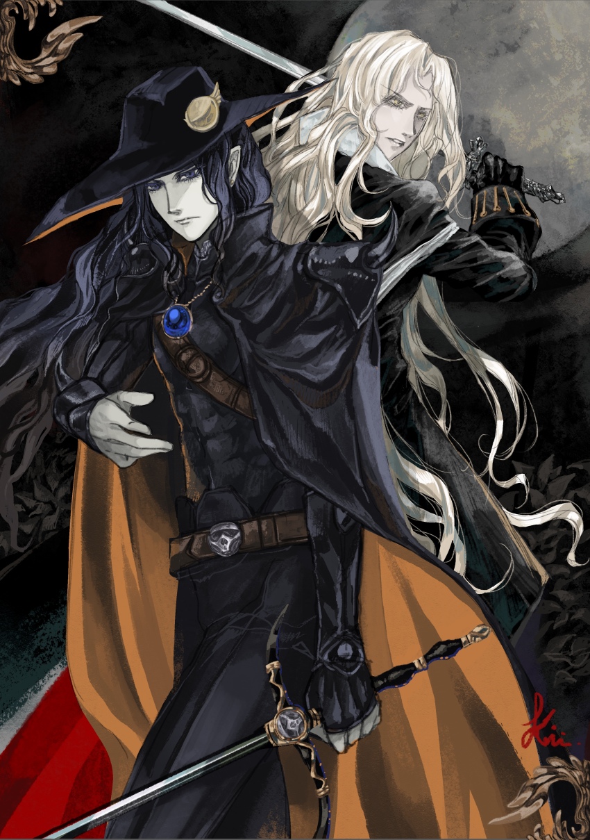 2boys absurdres alucard_(castlevania) armor back-to-back belt belt_buckle black_cape black_gloves black_hair black_hat black_pants brown_belt buckle cape castlevania:_symphony_of_the_night castlevania_(series) closed_mouth crossover d_(vampire_hunter_d) full_moon gem gloves hat highres holding holding_sword holding_weapon jewelry long_hair looking_at_viewer maggie15963 male_focus moon multiple_boys orange_cape pale_skin pants pendant shoulder_armor sword two-sided_fabric vampire_hunter_d weapon white_hair yellow_eyes