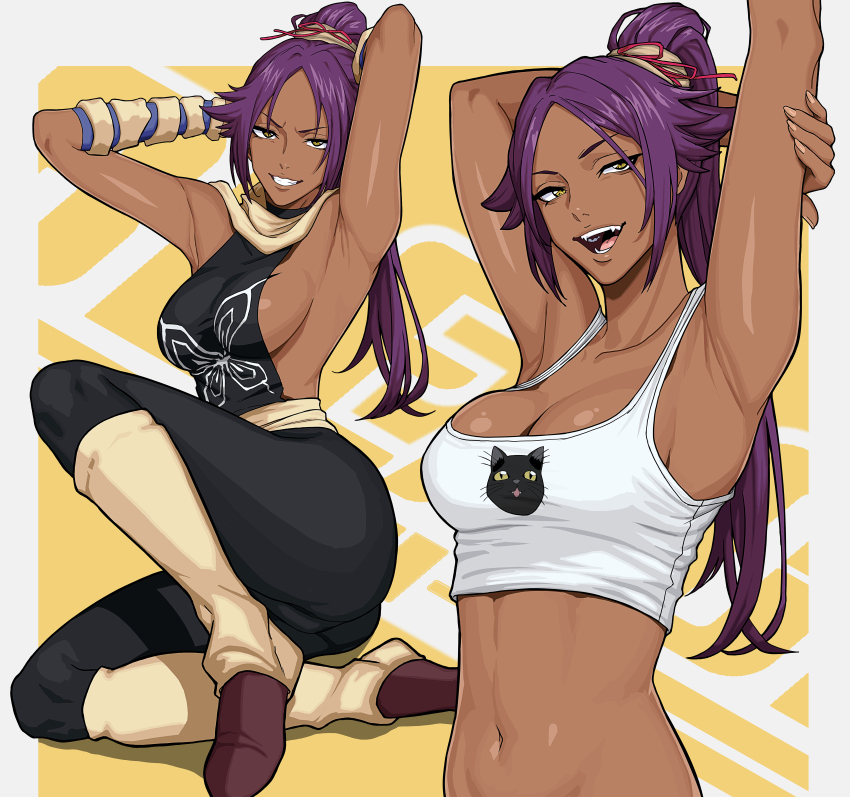 1girl absurdres animal_print armpits arms_behind_head arms_up bare_shoulders bleach breasts cat_print cleavage commentary crop_top dark-skinned_female dark_skin detached_sleeves fangs highres houmonka long_hair mikey_pie navel open_mouth parted_bangs ponytail purple_hair scarf shihouin_yoruichi sideboob sideless_outfit solo toned toned_female yellow_eyes