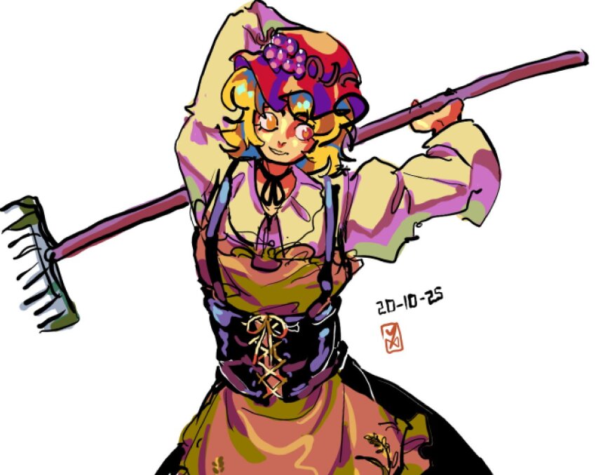 1girl aki_minoriko apron arm_behind_head ascot black_corset black_ribbon black_skirt blonde_hair brown_apron collared_shirt commentary_request corset cowboy_shot cross-laced_clothes cross-laced_corset dated food-themed_hair_ornament frilled_apron frills grape_hair_ornament hair_ornament hat holding_rake juliet_sleeves korean_commentary long_sleeves looking_to_the_side mob_cap neck_ribbon open_mouth over_shoulder puffy_sleeves purple_ascot rake red_hat ribbon shirt short_hair signature simple_background skirt smile solo touhou waist_ribbon waiwa_way weapon weapon_over_shoulder white_background white_ribbon white_shirt white_sleeves yellow_eyes
