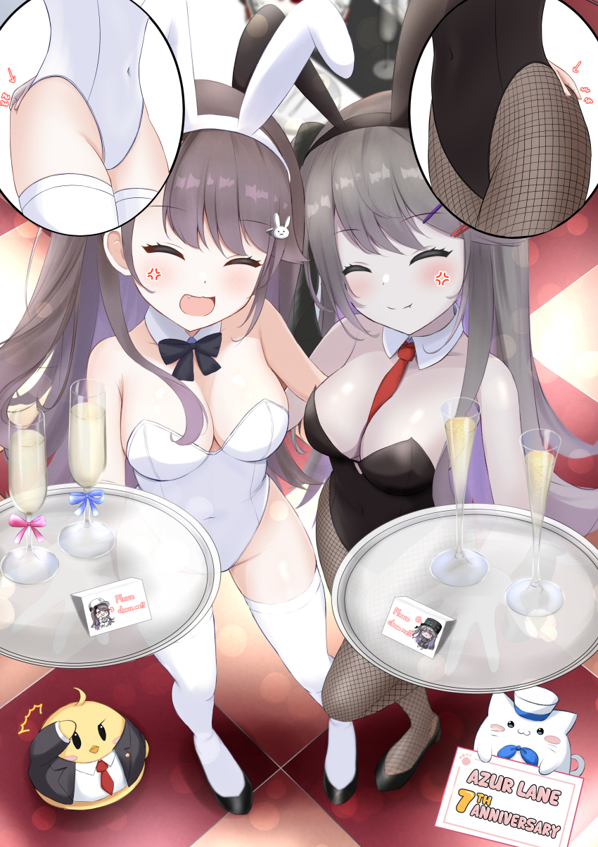 2girls absurdres alternate_breast_size anger_vein animal_ears anniversary annoyed arm_around_back azur_lane bare_shoulders between_breasts black_bow black_bowtie black_leotard blush bow bowtie breasts brown_hair bullying checkered_floor cleavage covered_navel cup detached_sleeves drinking_glass english_text fang fishnet_pantyhose fishnets flower full_body groin hair_bow hair_ornament hairclip hand_on_another&#039;s_back happy high_heels highres hip_focus holding holding_tray hug leotard manjuu_(azur_lane) medium_breasts meowfficer_(azur_lane) multiple_girls necktie necktie_between_breasts paashe pale_skin pamiat_merkuria_(azur_lane) pamiat_merkuria_(meta)_(azur_lane) pantyhose pinching_thigh playboy_bunny rabbit_ears rabbit_hair_ornament red_necktie side_ponytail skin_tight skindentation standing standing_on_one_leg strapless strapless_leotard teasing thighhighs tray white_leotard