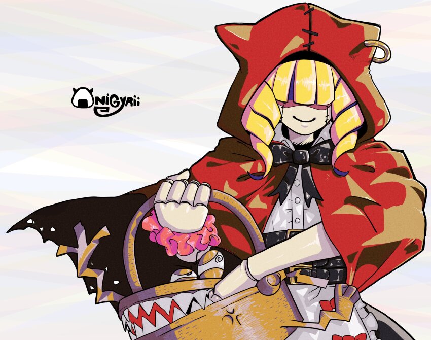 absurdres blonde_hair chaperomon digimon digimon_(creature) highres hood ribbon smile solo