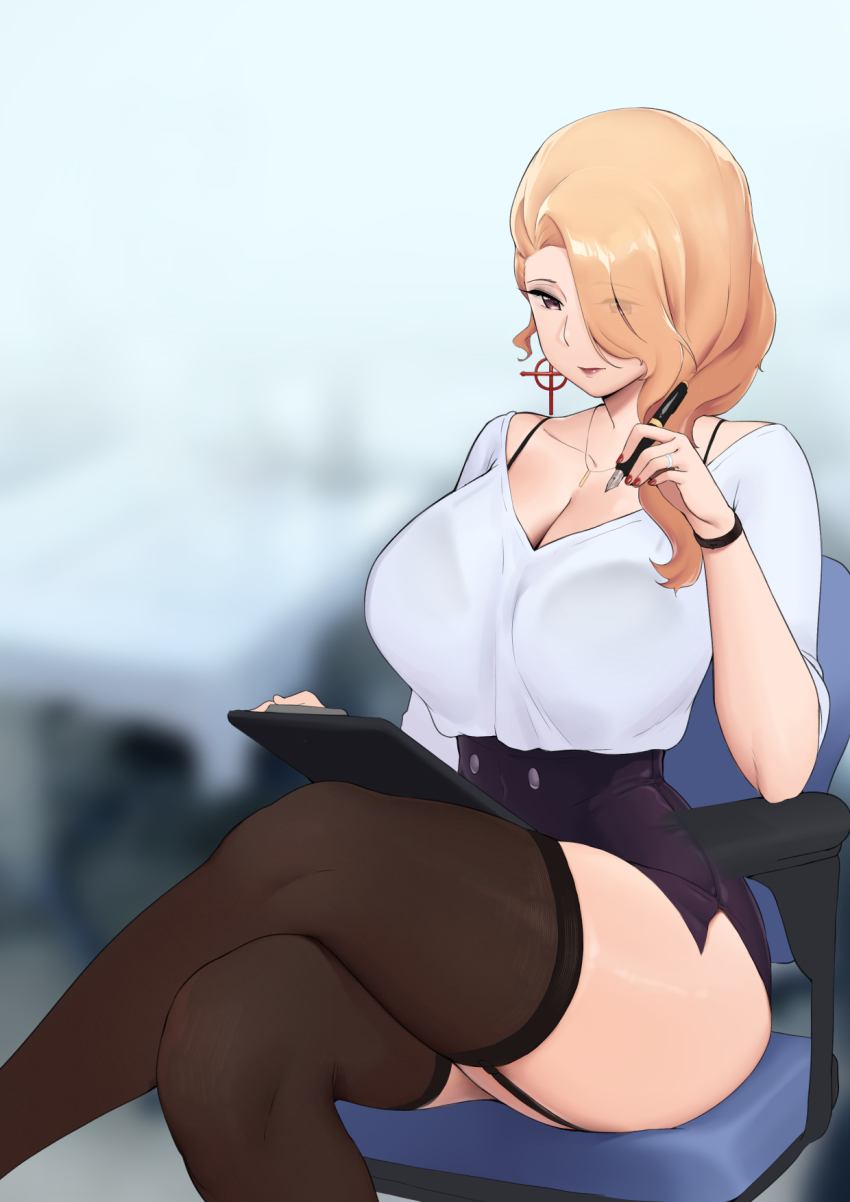 1girl amy_razor asymmetrical_hair black_thighhighs blonde_hair blurry blurry_background breasts brown_eyes chair cleavage closed_mouth collarbone crossed_legs earrings eyes_visible_through_hair garter_straps highres holding holding_pen huge_breasts jewelry last_origin long_hair mature_female moebell nail_polish necklace office_chair office_lady pen pencil red_nails shirt shirt_tucked_in sitting solo swivel_chair thick_thighs thighhighs thighs white_shirt