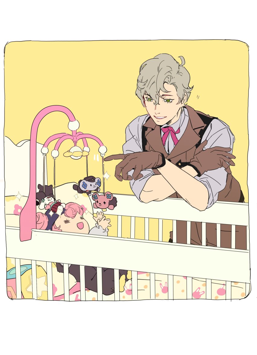 1boy 1girl =_= absurdres ace_attorney aged_down bow brown_gloves brown_pants brown_vest collared_shirt crib double_bun gloves green_eyes grey_shirt hair_between_eyes hair_bun hands_up herlock_sholmes highres iris_wilson mobile open_mouth pants pillow pink_hair reaching red_bow shirt short_hair smile sparkle teeth the_great_ace_attorney toddler tugai vest