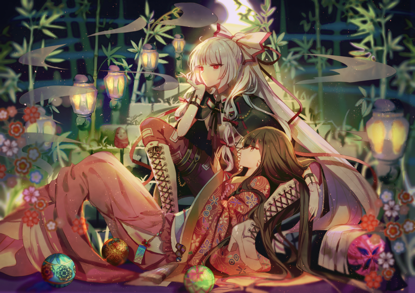 2girls ball bamboo bamboo_forest between_fingers black_cape black_eyes black_hair blunt_bangs boots bow cape chinese_commentary cigarette commentary_request crescent_moon embellished_costume forest from_side fujiwara_no_mokou hair_bow hair_ornament hair_ribbon half-closed_eyes hand_on_own_chin hand_up head_rest high_heel_boots high_heels hime_cut holding houraisan_kaguya japanese_clothes kimono lace-up_boots lantern long_hair long_sleeves lying mixed-language_commentary moon multiple_girls nature night obi ofuda on_back outdoors pants red_bow red_eyes red_pants red_ribbon ribbon sash shirt sidelocks sitting sleeves_past_wrists smoke spread_legs talisman temari_ball thigh_boots thighhighs touhou very_long_hair white_hair white_shirt wide_sleeves yasato