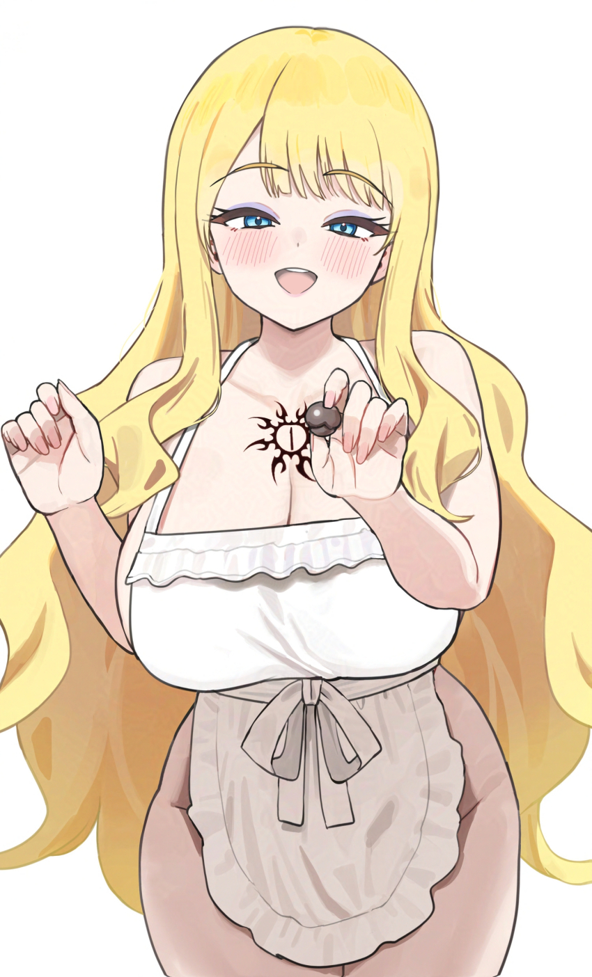 1girl :d absurdres apron breasts chest_tattoo chocolate collarbone commentary_request cowboy_shot food highres holding holding_chocolate holding_food jessica_schroder large_breasts open_mouth simple_background smile solo standing tatakau_ni_atai_suru tattoo thighs tongue twin_(tt_lsh) white_apron white_background
