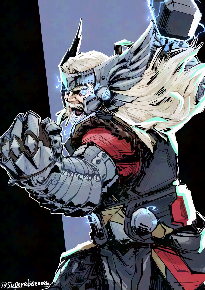 1boy animification armor avengers_(series) beard blonde_hair blue_eyes cape electricity facial_hair grey_armor hammer highres holding long_hair male_focus marvel marvel_rivals mjolnir_(marvel) multicolored_armor simple_background standing superebiseeeen thor_(marvel)