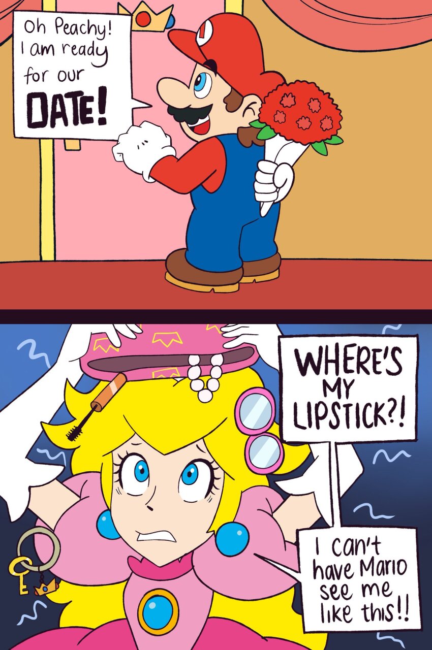 1boy 1girl blonde_hair blue_eyes breasts brooch brown_hair carrying_bag domestic_maid door dress facial_hair flower gloves grin hat highres jewelry mario mario_(series) mustache nervous nintendo overalls pink_dress princess_peach smile speech_bubble sunglasses super_mario_bros._1