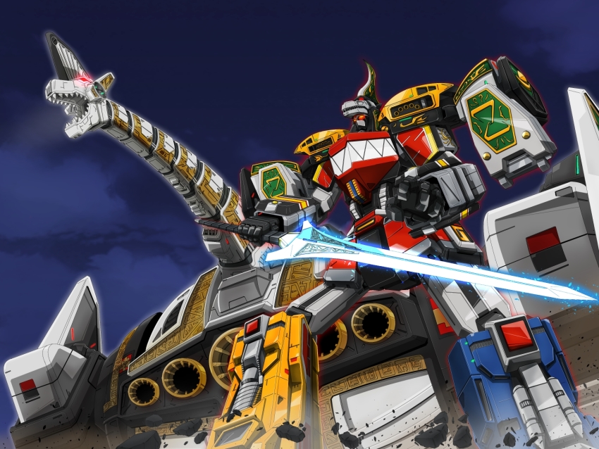 animification armor character_request daijuujin daizyuzin dino_megazord glowing glowing_eyes highres holding holding_sword holding_weapon horns kyouryuu_sentai_zyuranger mecha mighty_morphin_power_rangers monmon_(monban) no_humans power_rangers red_eyes retro_artstyle robot science_fiction super_robot super_sentai sword titanus tokusatsu ultimate_daizyuzin ultrazord weapon yellow_eyes