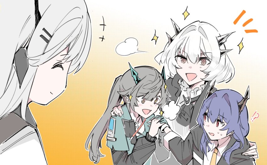 +_+ 4girls ^_^ alina_(arknights) animal_ears arknights arknights:_endfield arm_around_shoulder ascot black_ascot black_jacket blue_hair blush brown_hair ch&#039;en_(arknights) chen_qianyu_(arknights) chiriejjiyo closed_eyes deer_ears deer_girl dragon_girl dragon_horns gloves gradient_background green_jacket grey_hair hair_ornament hairclip highres holding_hands horns in-franchise_crossover jacket long_hair long_sleeves low_twintails multiple_girls necktie open_mouth ponytail red_eyes shirt simple_background smile talulah_(arknights) twintails white_shirt yellow_necktie
