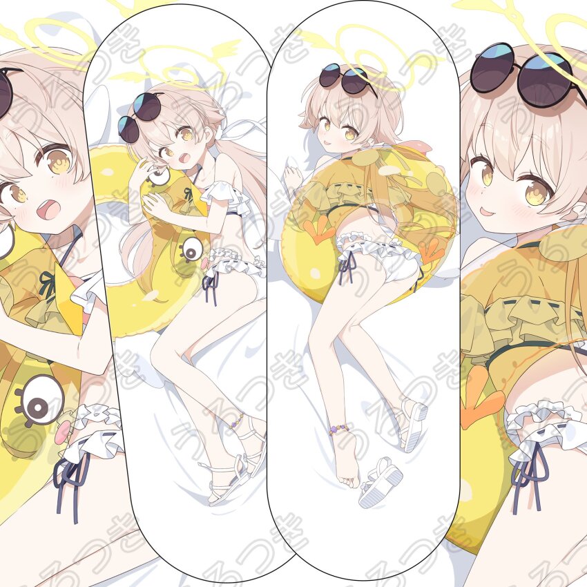1girl bikini blue_archive brown_hair dakimakura_(medium) full_body halo hifumi_(blue_archive) hifumi_(swimsuit)_(blue_archive) highres loli long_hair looking_at_viewer lying on_back peroro_(blue_archive) sandals solo sunglasses swim_ring swimsuit tongue tongue_out twitter urotsuki_(ku9625)