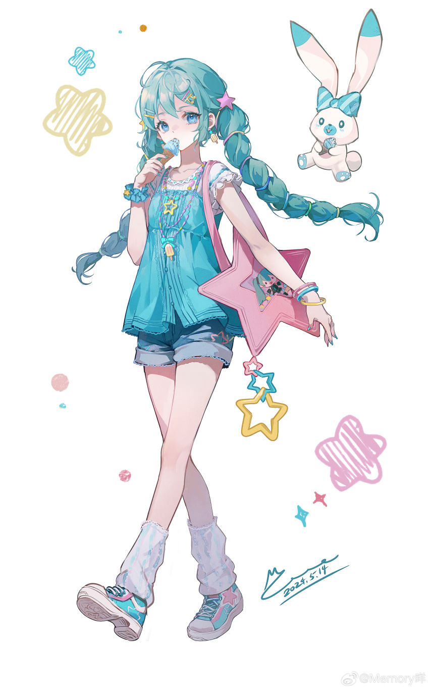 1girl absurdres aqua_hair bag bag_charm bead_necklace beads blue_bow blue_eyes blue_nails blue_scrunchie blue_shirt blue_shoes blue_shorts bow bracelet braid bubble casual character_print charm_(object) collarbone dated denim denim_shorts dot_nose eating eyelashes food frilled_sleeves frills full_body hair_ornament hair_tie hairclip hatsune_miku highres holding holding_food holding_ice_cream holding_ice_cream_cone ice_cream ice_cream_cone jewelry knees layered_shirt leg_warmers long_hair looking_at_viewer loose_hair_strand mie_haha multiple_bracelets nail_polish necklace pink_bag rabbit rabbit_yukine scrunchie self_character_print shirt shoes short_sleeves shorts shoulder_bag signature simple_background sleeveless sleeveless_shirt sneakers solo spaghetti_strap sparkle star-shaped_bag star_(symbol) star_charm star_hair_ornament star_necklace star_print striped_bow twin_braids vertical-striped_leg_warmers very_long_hair vocaloid walking watermark weibo_watermark white_background white_leg_warmers white_shirt wrist_scrunchie