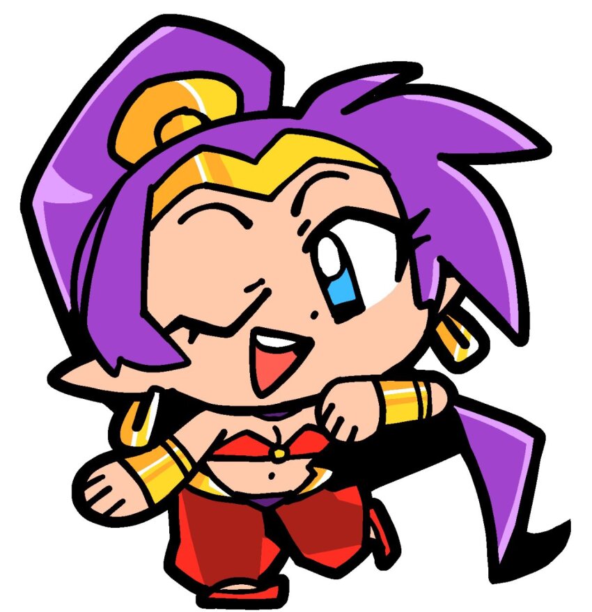 1girl :d bkub blue_eyes bracer breasts chibi chibi_only circlet cleavage earrings full_body harem_pants highres hoop_earrings jewelry long_hair one_eye_closed open_mouth pants pointy_ears ponytail purple_hair red_footwear shantae shantae_(series) simple_background smile solo teeth upper_teeth_only very_long_hair white_background