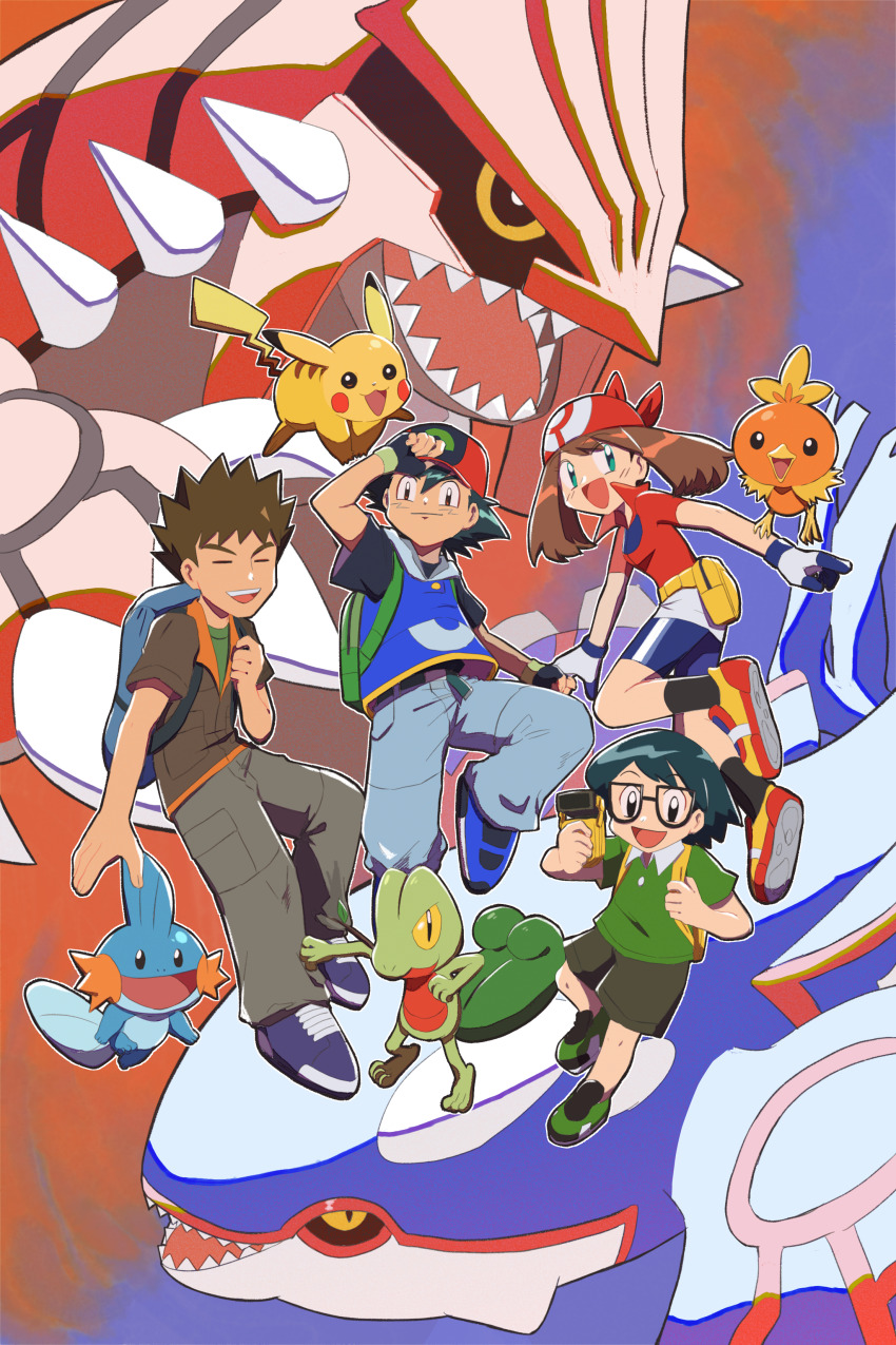 1girl 3boys :3 :d =_= absurdres ash_ketchum backpack bag bandana baseball_cap black_gloves black_hair black_sclera black_shirt black_socks blue_bag blue_eyes blue_pants blue_shoes blue_shorts blue_vest brock_(pokemon) brown_hair brown_jacket brown_shorts closed_eyes closed_mouth colored_sclera commentary_request creatures_(company) dot_nose fanny_pack fingerless_gloves game_freak gen_1_pokemon gen_3_pokemon glasses gloves green_bag green_shirt green_shoes grey_pants groudon hand_on_headwear hat highres holding jacket kyogre legendary_pokemon max_(pokemon) may_(pokemon) medium_hair mudkip multiple_boys nintendo open_mouth outline pants pikachu pokemon pokemon_(anime) pokemon_(creature) pokemon_rse_(anime) pokenav red_bandana red_hat red_shirt sharp_teeth shirt shoes short_hair short_sleeves shorts smile socks spiked_hair spikes starter_pokemon_trio teeth torchic treecko umebosibakari2 upper_teeth_only vest white_gloves white_outline yellow_bag yellow_eyes