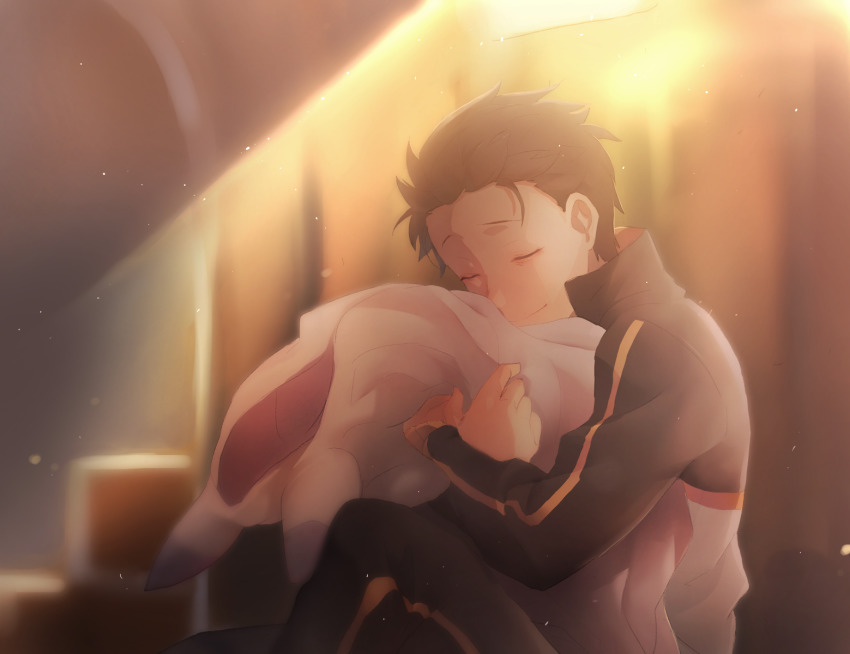1boy bad_id bad_pixiv_id bags_under_eyes black_hair cloak closed_eyes closed_mouth hair_slicked_back harusabin highres indoors long_sleeves natsuki_subaru hugging_object re:zero_kara_hajimeru_isekai_seikatsu short_hair sitting smile solo spotlight track_suit